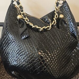 Gianni Bini Black Patent Quilted Hobo with Gold Chain